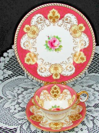 WEDGWOOD HAND PAINTED ROSES BEADED GOLD PINK TEA CUP & SAUCER TRIO 2