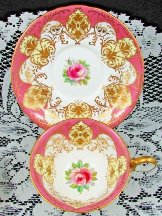 WEDGWOOD HAND PAINTED ROSES BEADED GOLD PINK TEA CUP & SAUCER TRIO 3