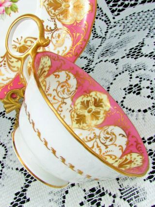 WEDGWOOD HAND PAINTED ROSES BEADED GOLD PINK TEA CUP & SAUCER TRIO 5