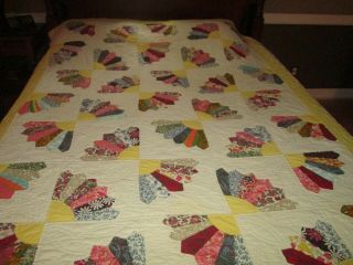 Vintage Feed Sack Hand Sewn Chinese Fan Quilt W/ Novelty Prints - Hand Quilted