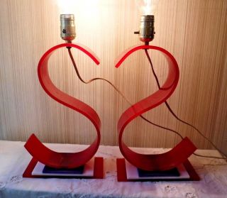 Vintage Mid Century Mod Red Lucite " S " / " Z " Shaped Lamp Pair