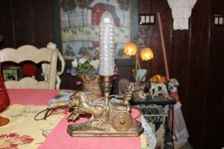 Vintage Spelter Roman Chariot Horses Table Lamp W/glass Phallic Globe Shade