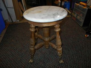 Vintage Oak Piano Stool - Seat Was Replaced With Marble - Brass Ball & Claw Feet