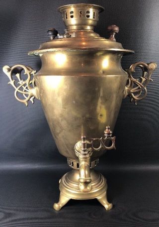 Antique Large Solid Brass Samovar Tea Coffee Pot Urn Wooden Handles