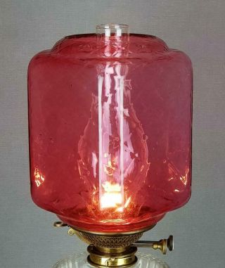 Victorian Cranberry Optic Glass Kerosene Paraffin Oil Gas Hall Lamp Shade 2