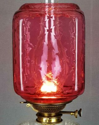 Victorian Cranberry Optic Glass Kerosene Paraffin Oil Gas Hall Lamp Shade 3