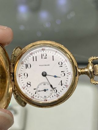 Vintage 33mm 14k Gold Waltham Pocket Watch In Art Nouveau Case With White Roman