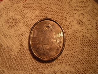 Antique Helmeted Rider On Horse Russian Silver Icon In Oval Frame 2 3/4 "