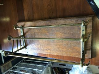 Vintage Antique Brass 3 Bar Hanging Towel Rack On Solid Oak Panel