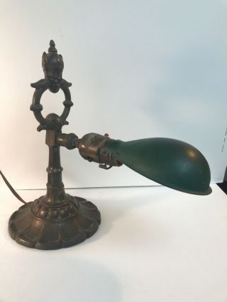Antique Art Nouveau Brass Bronze Gargoyle Head Lamp Green Metal Shade