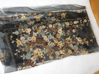Antique Victorian Black Embroidered Flower Net Lace Scarf Shawl Mantilla Veil