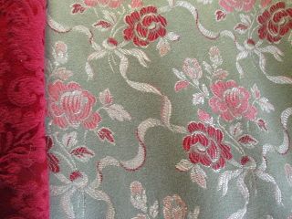 Antique Vintage French Silk Brocadefabric Roses Ribbons (a)