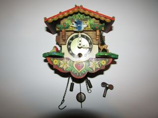 Vintage German Novelty Wind - Up Mini Cuckoo Clock With Pendulum & Key