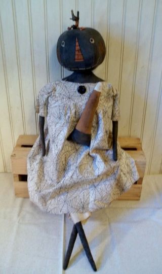 Primitive Grungy Black Pumpkin Lady Halloween Doll & Her Candy Corn