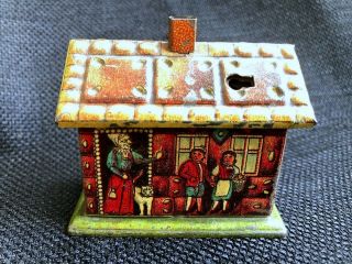 Rare Antique Tin Litho German Toy Hansel And Gretel Witch Still Coin Bank