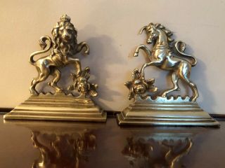 Antique 19th Century Brass Bookends England Coat Of Arms Crown Lion Unicorn Rose