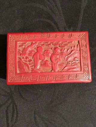 Vintage Chinese Cinnabar Carved Box W/carved Figures