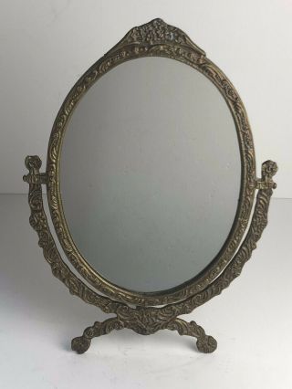 Lovely Vintage Brass Framed Decorative Tilting Oval Dressing Table Vanity Mirror