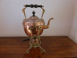 Stunning Art Nouveau Copper Tea Kettle On Ornate Brass Stand Circa 1890
