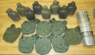 (8) Us Military 1qt Flat Top Canteens,  Green Variety Covers & Cups