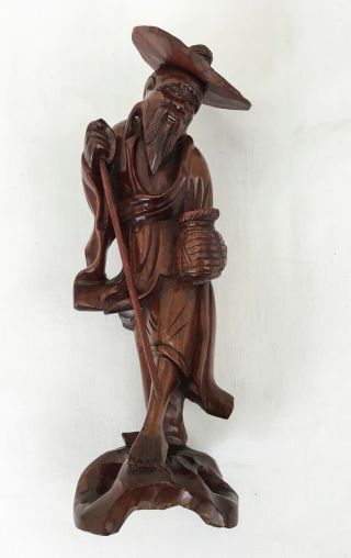 Antique Chinese / Oriental Hand Carved Wooden Figure Of A Fisherman,  23.  5 Cm H.