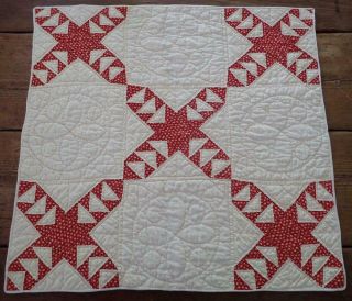 So Early Antique 1860 - 1880 Turkey Red & White Table Doll Crib Quilt 25x24