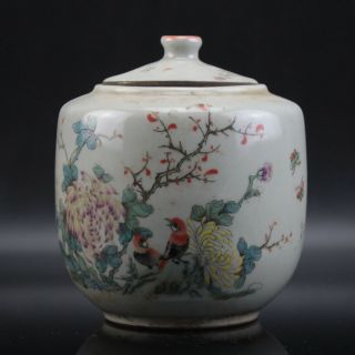 Chinese Old Porcelain Famille Rose Glaze Bird & Flower Pattern Tea Caddy C02