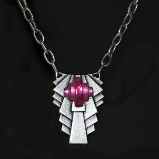 Classic Vtg 1920s Art Deco Stepped Rose Beveled Glass & Silver Necklace