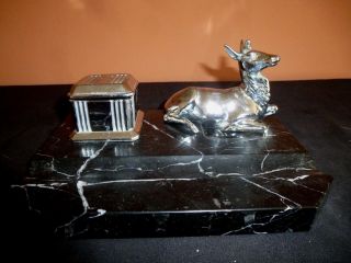 A French Art Deco Chromed Spelter & Marble Ink Well/pen Tray