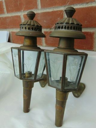 Pair Antique French Victorian Brass & Etched Glass Carriage Lamps Light Sconces