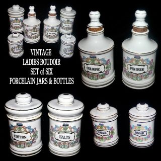 Vintage Boudoir Vanity Set Of 6 Porcelain Labeled And Decorated Jars & Bottles