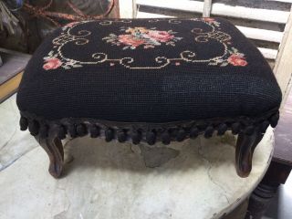 Antique Vintage Victorian French Wood Foot Stool With Floral Needlepoint Top