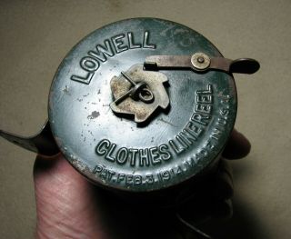 ANTIQUE LOWELL CLOTHES LINE REEL PATENTED 1914 Metal Wall Mount Turn Crank Cord 4