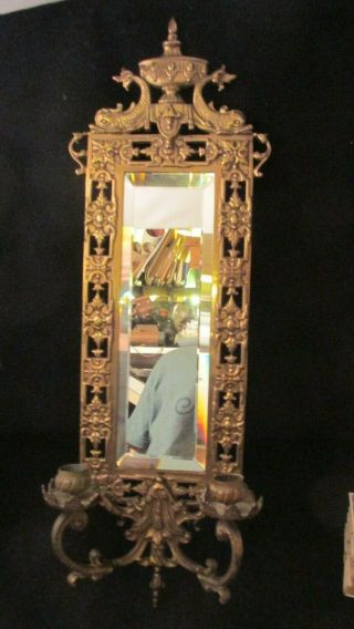 Antique 19th C French Bronze Sconce /beveled Mirror 2 Candle Holders,  Dolphin Nr