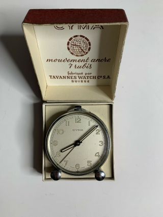 Vintage Cyma Small Travel Alarm Clock Swiss Made Top With Box