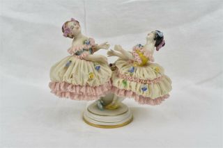 Volkstedt Porcelain Factory Lace Figurine Young Girls Dancing Playing Germany