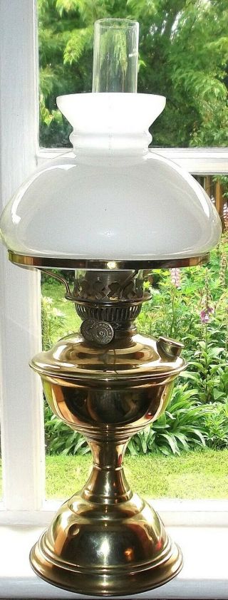 Antique Oil Lamp Duplex White Opaque Glass Shade With Glass Chimney 21 "