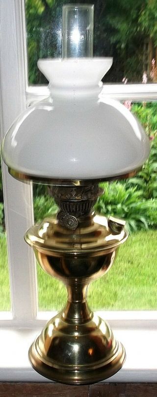ANTIQUE OIL LAMP DUPLEX WHITE OPAQUE GLASS SHADE WITH GLASS CHIMNEY 21 