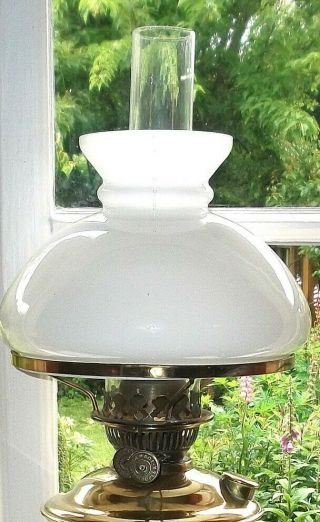 ANTIQUE OIL LAMP DUPLEX WHITE OPAQUE GLASS SHADE WITH GLASS CHIMNEY 21 