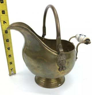 Vintage 8” Brass Coal Ash Scuttle Bucket Porcelain Handle Lion 