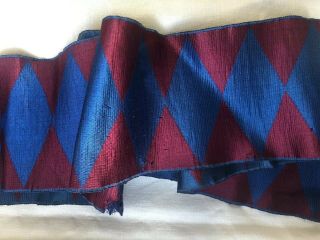 Antique Vintage Wide Silk Woven Ribbon Blue/red Harlequin Pattern
