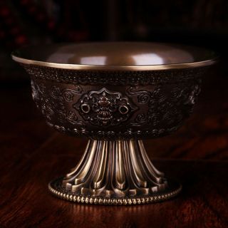 Tibet Buddhism Offering Water Bowl Cup Copper Lotus Eight Auspicious Symbols 9cm