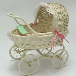 Vintage White Painted Wicker Doll Baby Carriage W/ Lace Trim 13 X 13 "