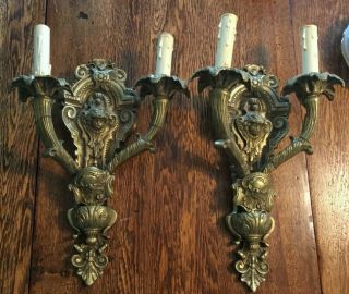 Antique Large Brass Double Candlestick Wall Scone With Cherub,  Electric
