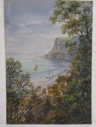 Really Old Painting Water Colour Cliff Bay Sail Boats Coast Signed