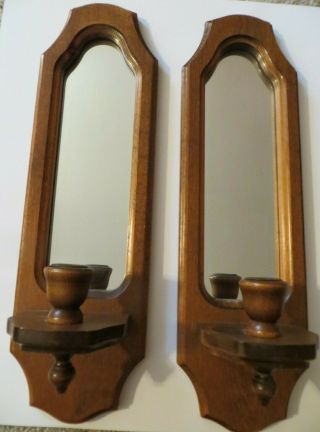 Vintage Mid Century Modern Wood With Mirror Wall Candle Holder Sconces