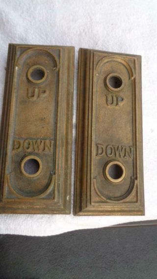 2 Vintage Cast Brass Elevator Covers With The Up And Down On It About 8x3”