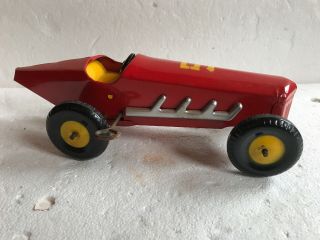 Vintage Tin Wind Up Race Car Number 5 Red And Yellow