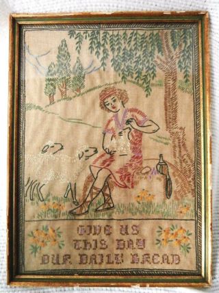 Antique Crewel Embroidery Of Shepherd With Sheep,  Baby Lamb,  Framed,  Glass