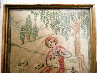 Antique Crewel Embroidery of Shepherd with Sheep,  Baby Lamb,  Framed,  Glass 8